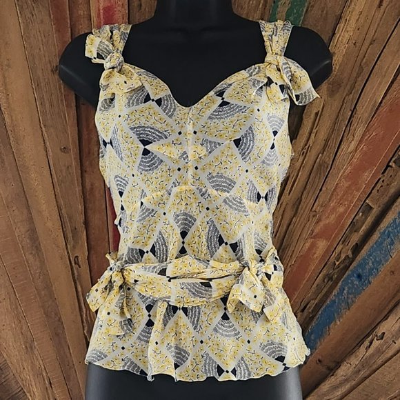 Vintage Cacharel cinched waist/empire waist fitted bows silk blouse/shirt Sz S - Picture 4 of 9